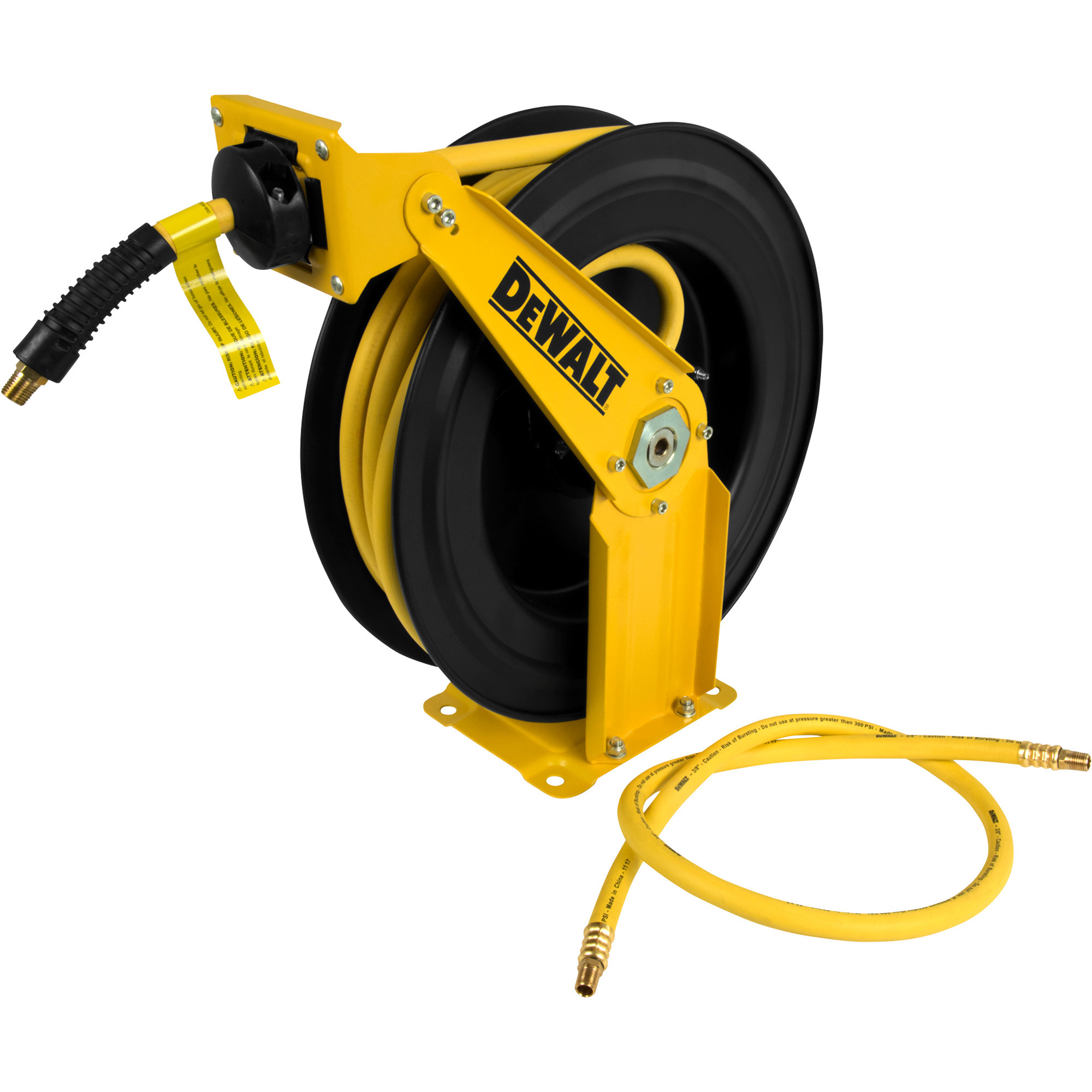 DEWALT Double Arm Auto Retracting Air Hose Reel, With 3/8in. x 50ft. Hose and 3/8in. x 4ft. Lead-In Hose, Max. 300 PSI, Model# DXCM024-0343